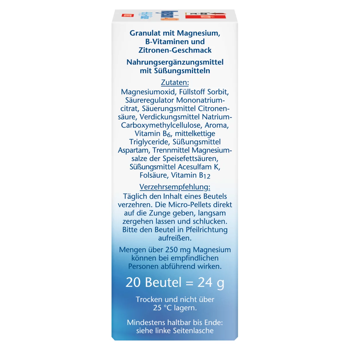 Abbildung der Produktverpackung Doppelherz aktiv Magnesium 400 DIRECT Seitenansicht rechts